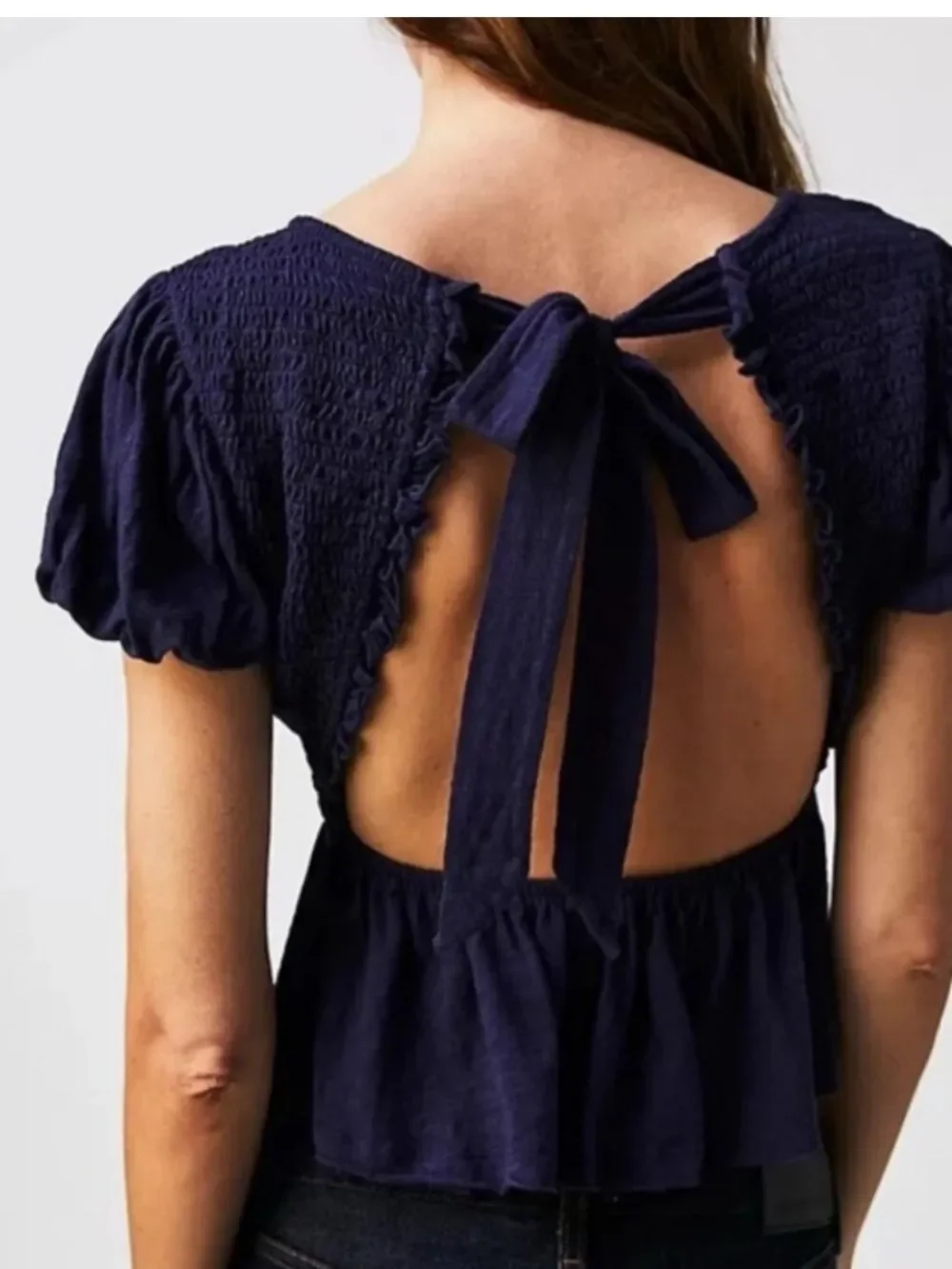 NWT FREE PEOPLE Charolette Top – Navy Blue Smocked Puff Sleeve Blouse | Size L